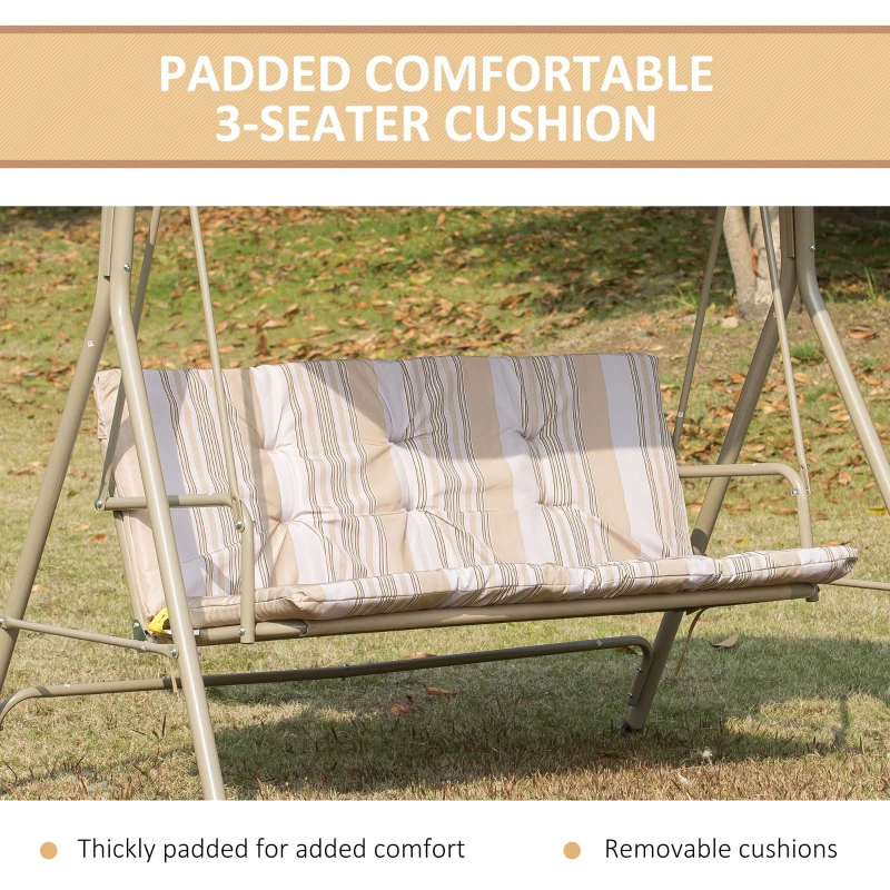 Outsunny 3-Seat Patio Swing Chair, Outdoor Porch Swing Glider with Adjustable Canopy, Removable Cushion, Steel Frame, Breathable Mesh Seat for Garden, Poolside, Brown