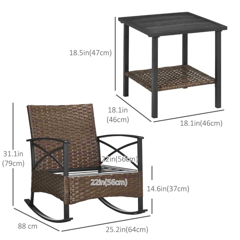 Outsunny 3 Pcs Outdoor PE Rattan Rocking Chair Set, Bistro Set with Two-tier Table, Padded Cushions for Garden, Dark Blue