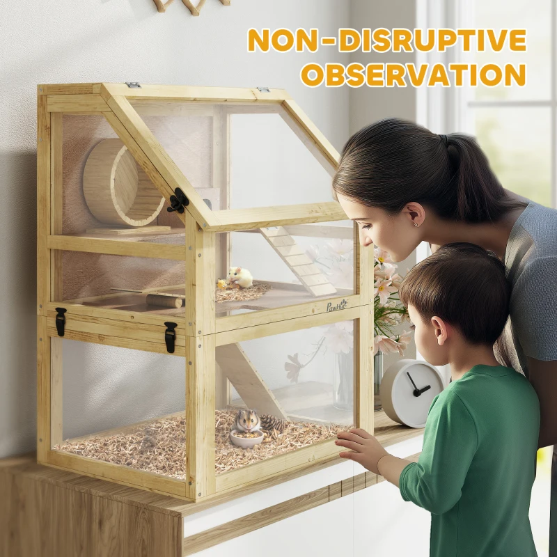 PawHut 3 Tier Wooden Hamster Cage w/ Detachable Bottom, Hut, Seesaw, Exercise Wheel, Ramps, 24" x 16" x 29.5"