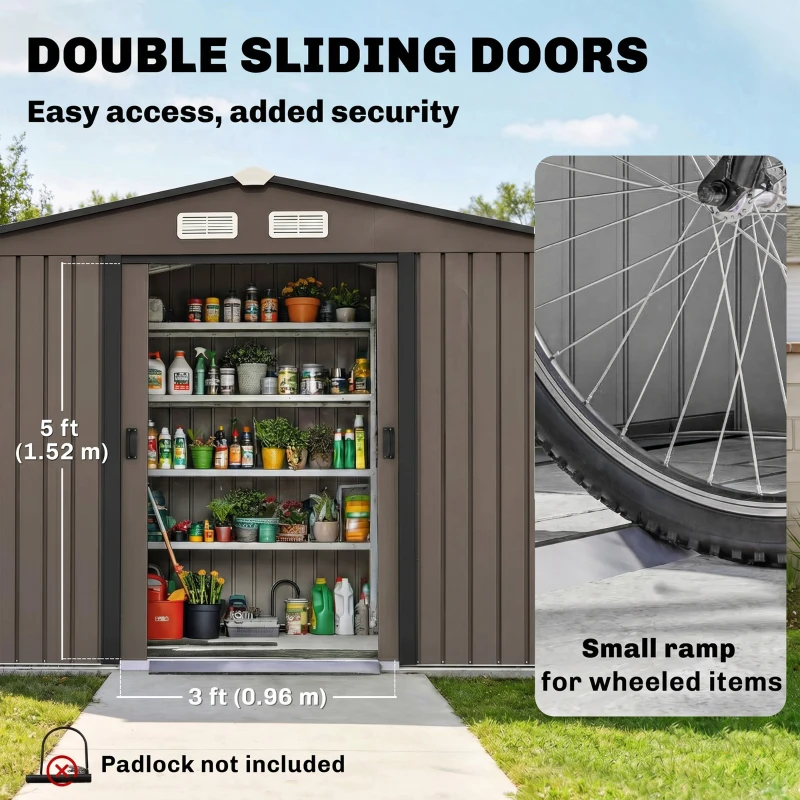 Outsunny Outdoor Shed Garden Storage Shed Tool Storage Building with 4 Vents and 2 Sliding Doors, 9 x 6 FT, Brown