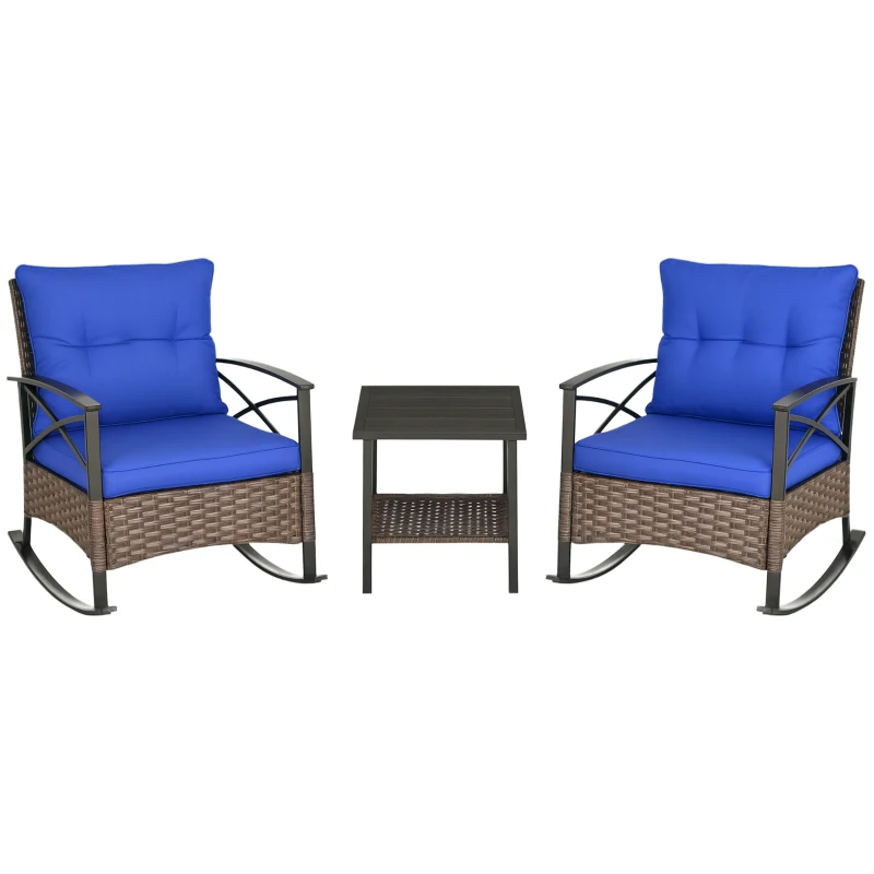 Outsunny 3 Pcs Outdoor PE Rattan Rocking Chair Set, Bistro Set with Two-tier Table, Padded Cushions for Garden, Dark Blue