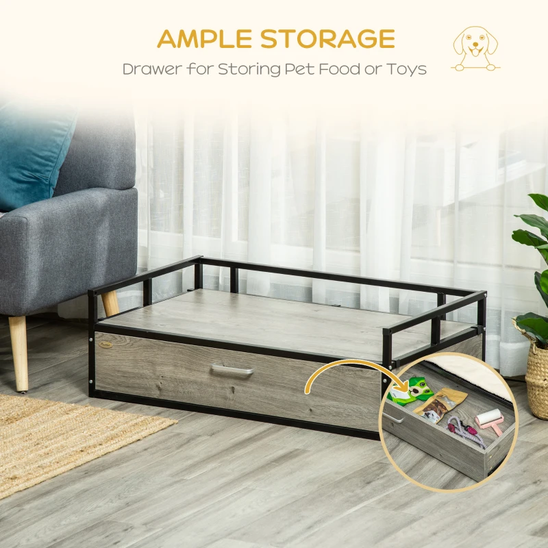 PawHut Elevated Dog Bed, Furniture Style Pet Sofa Couch, Soft Modern Puppy Lounger with Storage Drawer, Cushion, for Medium-sized Animals, Grey