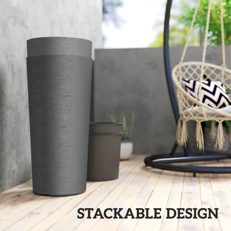 Outsunny 24" Tall Planters Set of 2, Indoor Outdoor Plastic Flower Pots with Inner Bucket and Drainage Holes, Dark Gray