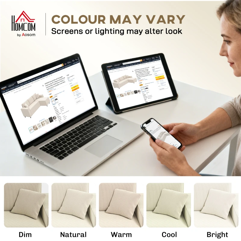 HOMCOM Corner Sofa with Changeable Chaise, Corduroy L-Shaped Sectional Sofa with Pocket Spring, 2 Pillows, Cream White