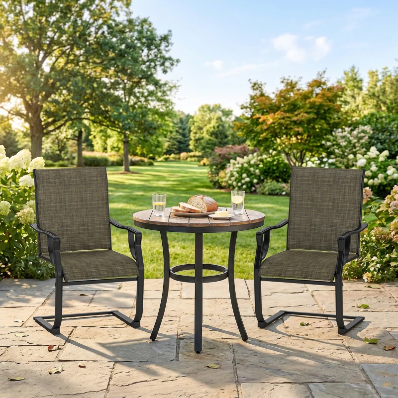 Outsunny C Spring Patio Dining Chairs Set of 2 with High Backrest, Armrest, Breathable Fabric & Metal Frame, 256LBS, Light Brown