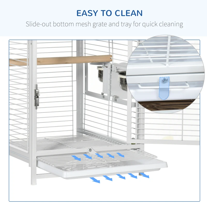 PawHut 18" Heavy Duty Wrought Iron Travel Bird Cage Carrier With Handle Perch And Accessories - White