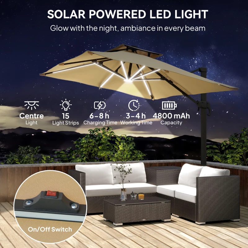 Outsunny 10ft. Solar LED Cantilever Umbrella, Offset Hanging Umbrella with 360°Rotation, Cross Base, 8 Ribs, Tilt and Crank for Yard, Khaki