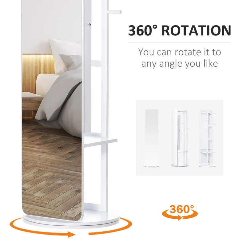 HOMCOM Full Length Glass Mirror with Hidden Jewelry Cabinet and Pine Wood Clothing Rack, White
