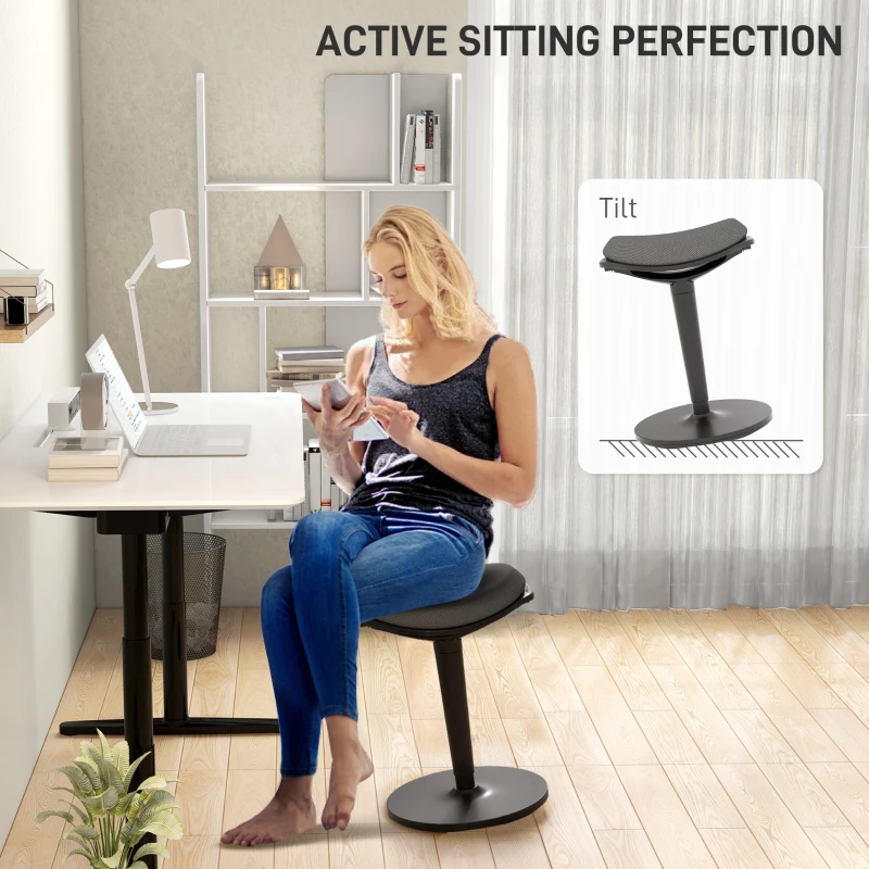 HOMCOM Standing Desk Stool, Ergonomic Wobble Chair, Adjustable Leaning Stool for Office Desks, with Rocking Motion, Black
