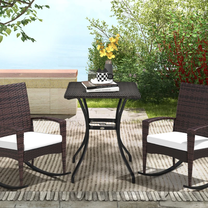 Outsunny Patio Wicker Dining Table with Umbrella Hole, 34 Inch Outdoor PE Rattan Coffee Table with Plastic Board Under the Woven Table Top for Patio, Garden, Balcony, Mixed Brown