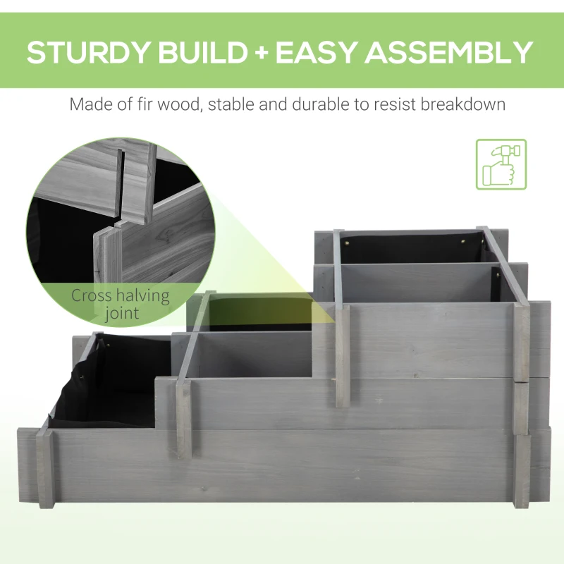Outsunny 3 Tier Raised Garden Bed, Water Draining Fabric for Soil, Elevated Wood Flower Box for Vegetables, Herbs, Gray