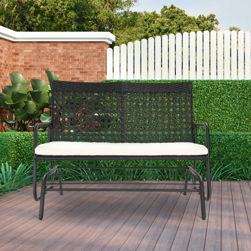 Outsunny Patio 2-Person Wicker Glider Bench Swing Gliding Chair, Outdoor All-Hand Woven PE Rattan Loveseat w/ Ergonomic Design for Patio, Garden, Porch, Lawn, Brown