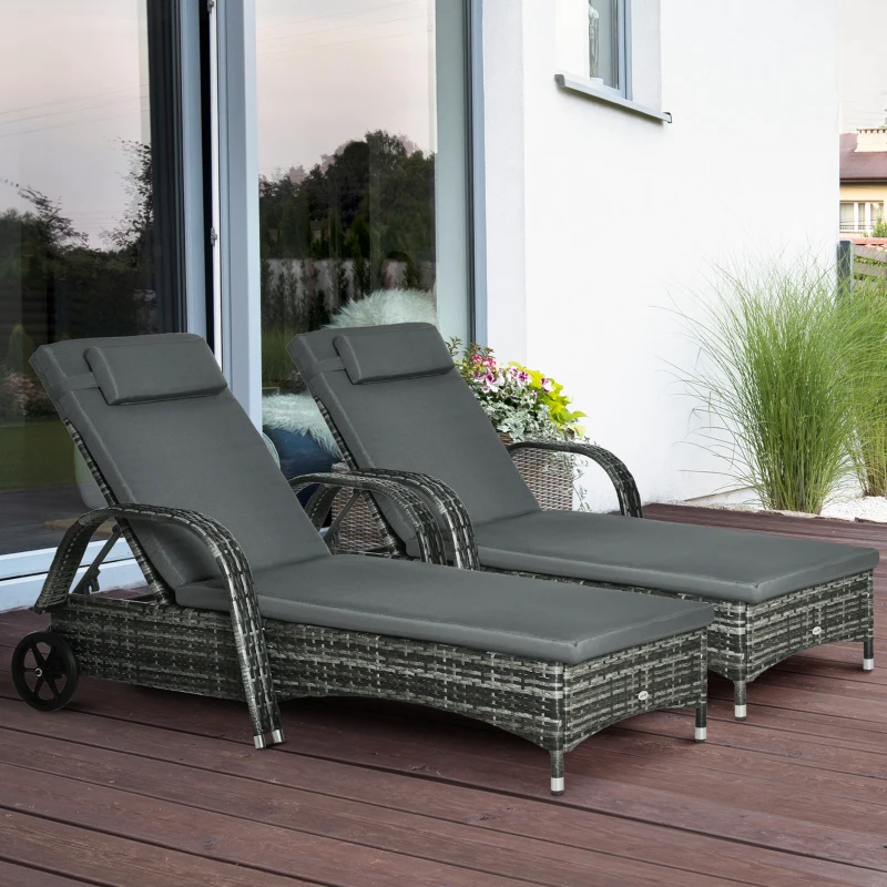 Outsunny 2 Piece Reclining Chaise Lounge Chairs, Outdoor Rattan Sun Longers with Cushion, Wheels for Poolside, Patio, Mixed Gray