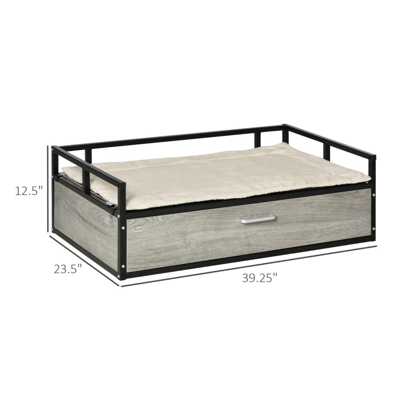 PawHut Elevated Dog Bed, Furniture Style Pet Sofa Couch, Soft Modern Puppy Lounger with Storage Drawer, Cushion, for Medium-sized Animals, Grey