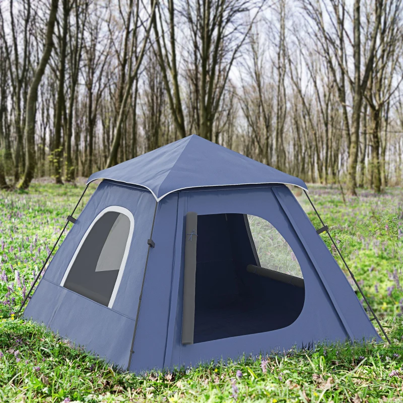 Outsunny 3-4 Person Automatic Camping Tent w/ Porch, Pop Up Tent, Portable Backpacking Shelter with Mesh Windows, Zipped Door, Floor, Hang Hook & Portable Carry Bag, Dark Blue