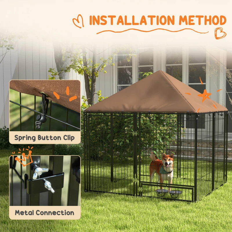 PawHut Outside Dog Kennel, 4.6' x 4.6' x 5' Puppy Play Pen w/ Canopy, Secure Lock, Heavy Duty Welded Wire Steel, Rotating Bowl, Garden Playpen Fence Crate Enclosure Cage for Dogs Chickens Ducks, Black