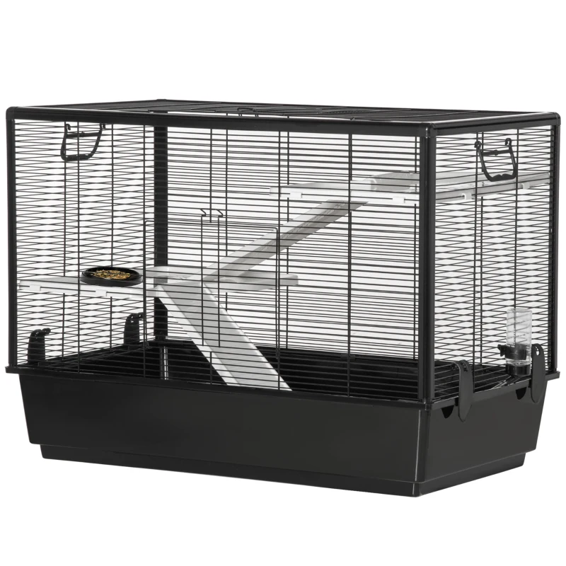 PawHut Hamster Cage, 3-tier Guinea Pig Cage, Pet Play House for Chinchillas with Food Dish Water Bottle, Ramps, Ledges, 31.5", Black