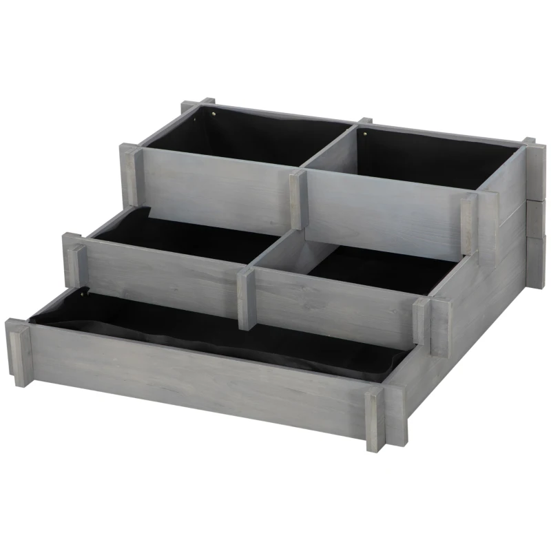 Outsunny 3 Tier Raised Garden Bed, Water Draining Fabric for Soil, Elevated Wood Flower Box for Vegetables, Herbs, Gray