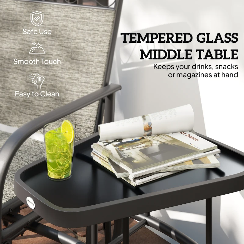 Outsunny Outdoor Glider Chairs with Coffee Table, Patio 2-Seat Rocking Chair Swing with Breathable Sling for Backyard, Gray