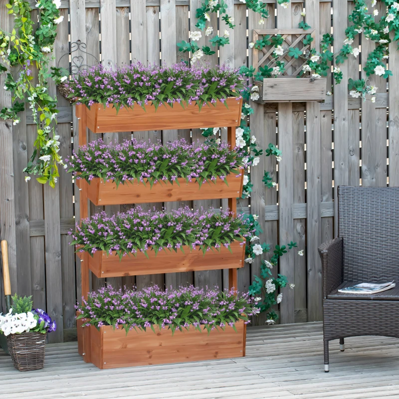 Outsunny Vertical Garden Planter, Wooden 4 Tier Planter Box, Self-Draining with Non-Woven Fabric for Outdoor Flowers, Vegetables and Herbs, Orange