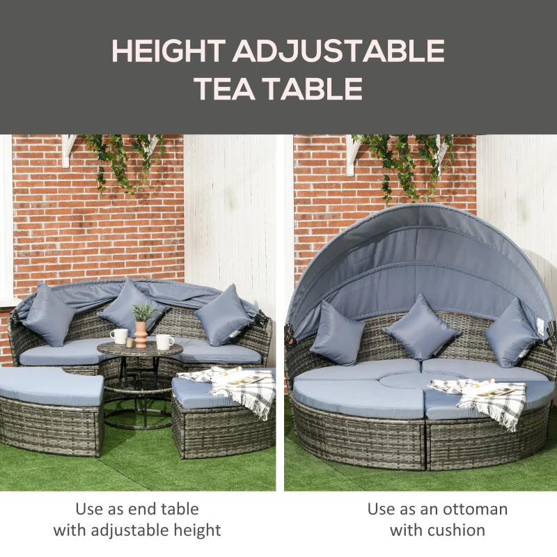 Outsunny 4 Piece Round Rattan Daybed, Convertible Patio Furniture Set, Adjustable Sun Canopy, Sectional Outdoor Sofa, Light Gray