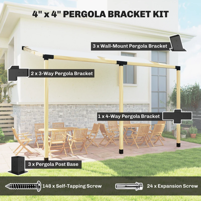 Outsunny Pergola Kit, 15° Slanted Pergola Brackets w/ 4-Way/3-Way Brackets, Post Bases, Wall Mounts for 3.6" X 3.6" Lumber, Black