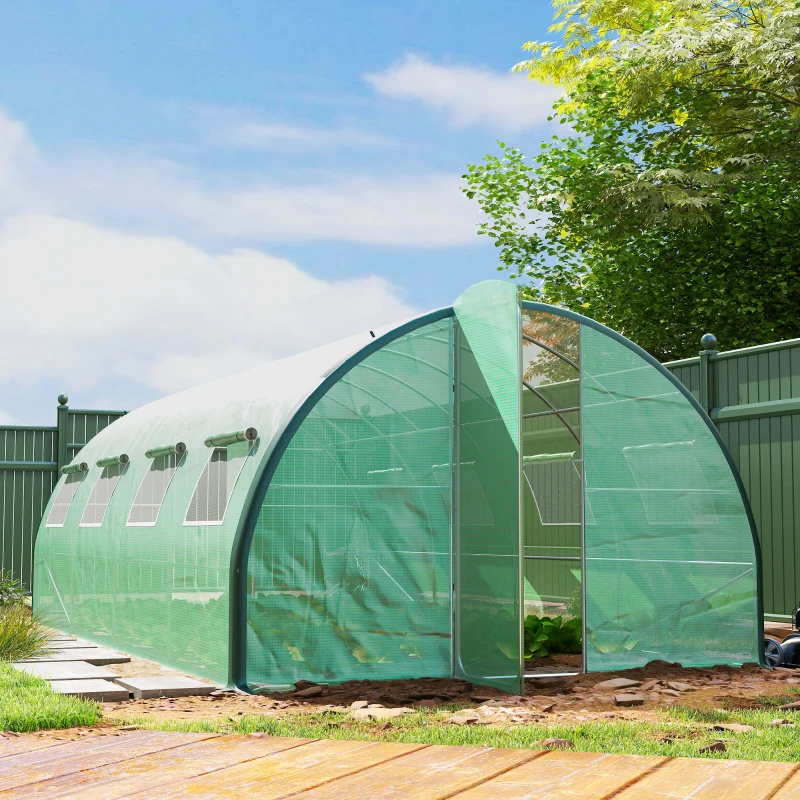 Outsunny Tunnel Greenhouse Walk-in Plant Warm House with 2 Hinged Doors, 8 Mesh Windows, 20' x 10' x 6.6', Green