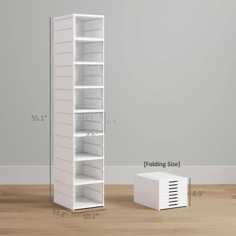 HOMCOM Stackable Plastic Shoe Boxes, 8 Pack Foldable Shoe Storage Boxes with Clear Door, No Assembly, Fit Size 10, White