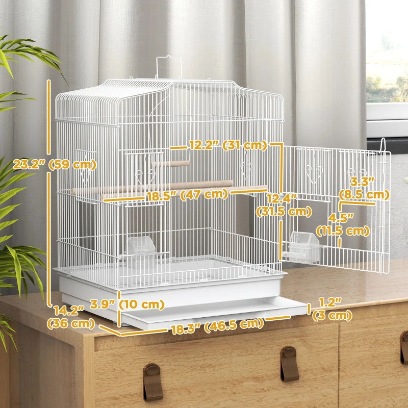 PawHut 23" Bird Cage, Finches Canaries, Parrot Cage with Doors Perches, 2 Feeder Pet Supplies, White