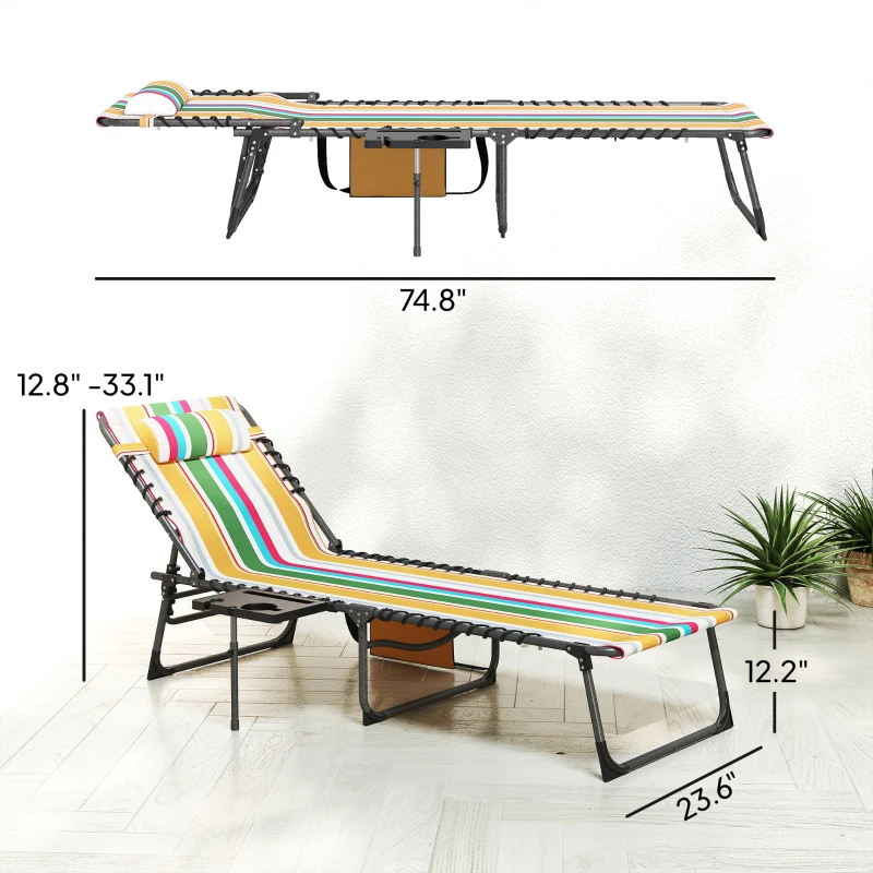 Outsunny Folding Outdoor Chaise Lounge Chair Tanning Chair with 5-Level Adjustable Back, Side Table, Pillow, Pocket, Mixed Color