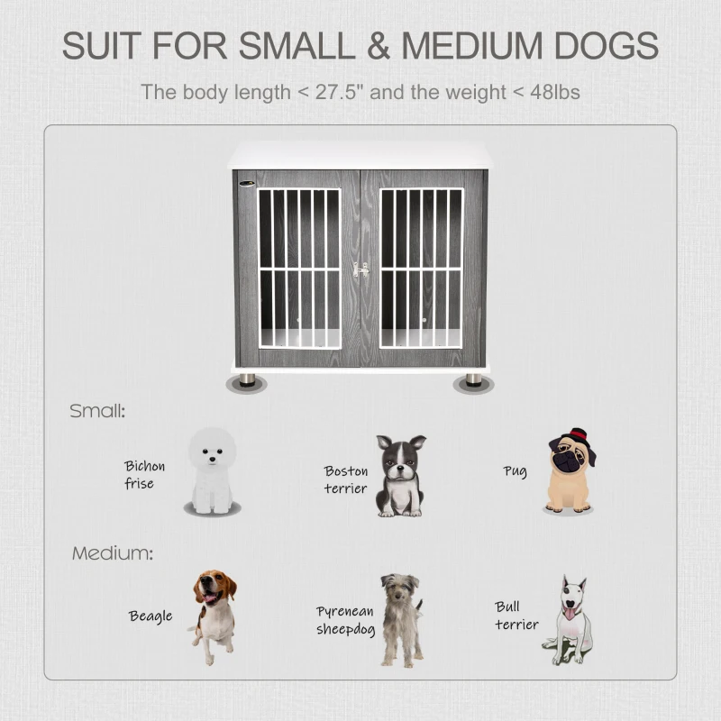 PawHut 34'' 2-in-1 Wooden Dog Kennel, Modern Wire Animal Crate, Pet Cage with Lockable Door and Adjustable Foot Pads, for Small and Medium Dogs, Grey and White