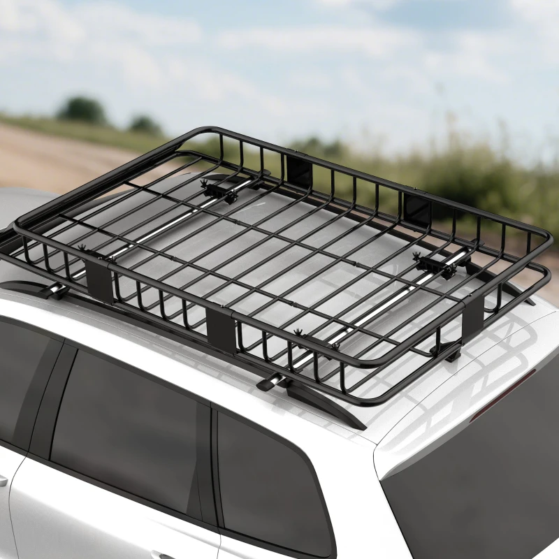 HOMCOM 64"/43" x 39" Car Roof Rack, Length Adjustable Roof Basket, Universal Rooftop Cargo Carrier Basket with U-bolts, 220 lbs Capacity