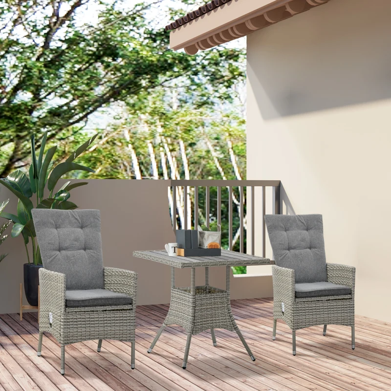 Outsunny 3 Piece Patio Bistro Set, PE Wicker Furniture Conversation Set w/ Tufted Cushion Reclining Chairs & Coffee Table, Gray