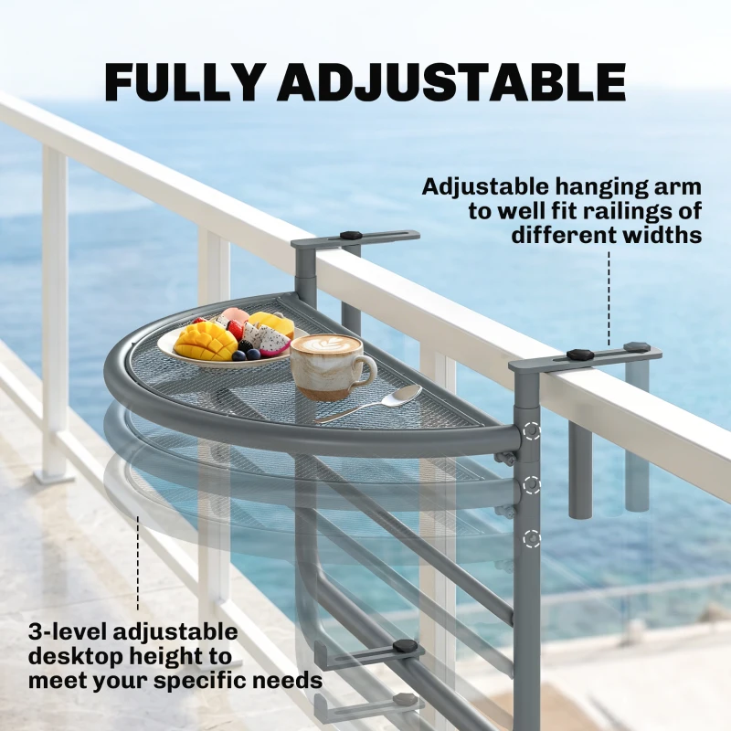 Outsunny Adjustable Balcony Hanging Railing Table, Metal Mounting Mini Wall Desk Storage Rack, Outdoor Flower Stand Serving Table Half Round, Grey