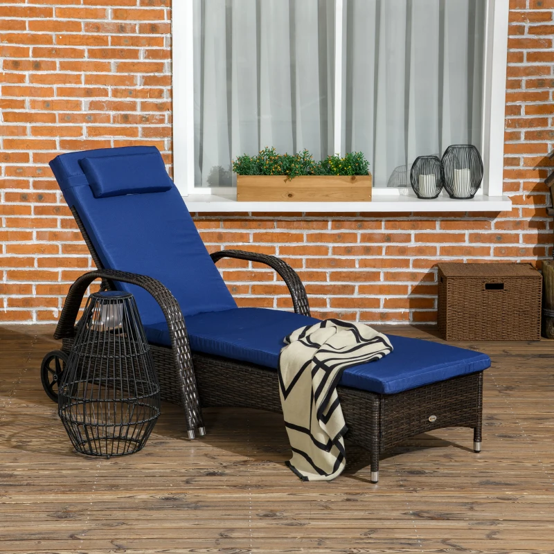 Outsunny Reclining Chaise Lounge Chair, Rolling Outdoor Chair with Cushion, Pillow, Headrest, Armrests, and Wheels, Brown