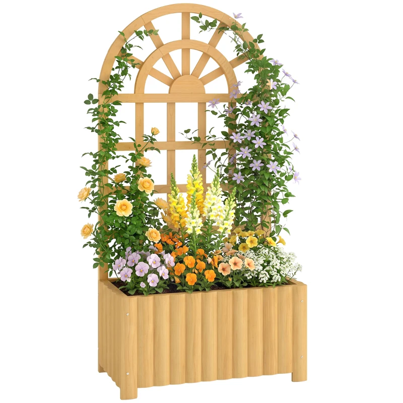 Outsunny Wooden Raised Garden Bed with Lattice Trellis, Outdoor Elevated Planter Box with Drainage Holes for Climbing Plants