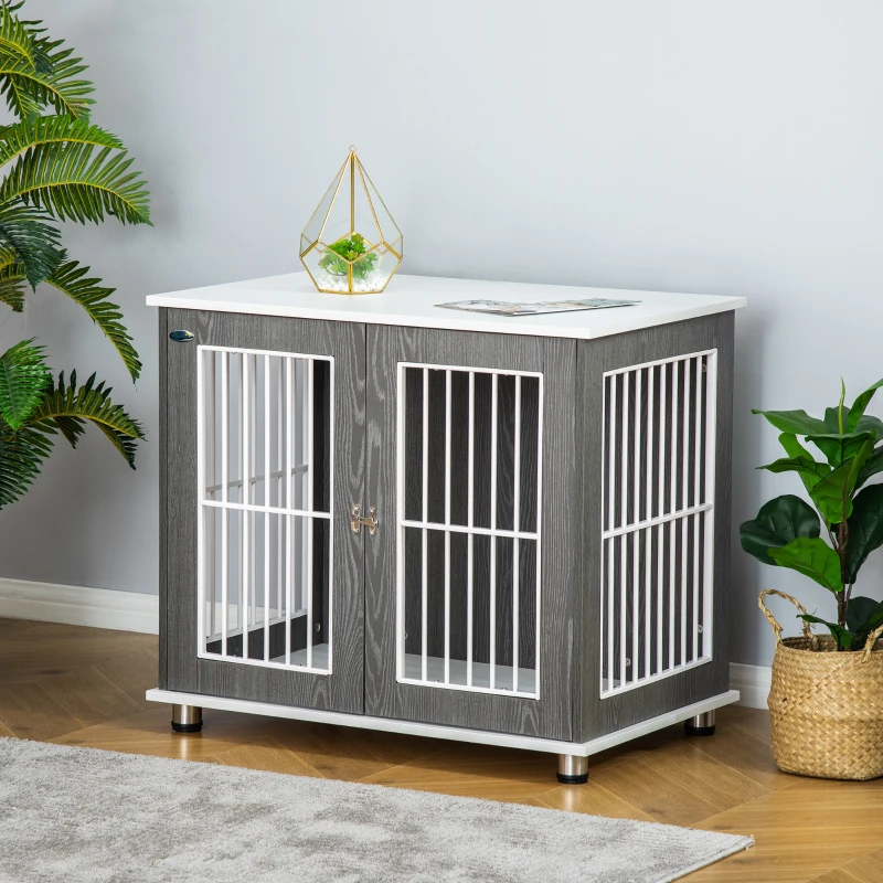 PawHut 34'' 2-in-1 Wooden Dog Kennel, Modern Wire Animal Crate, Pet Cage with Lockable Door and Adjustable Foot Pads, for Small and Medium Dogs, Grey and White