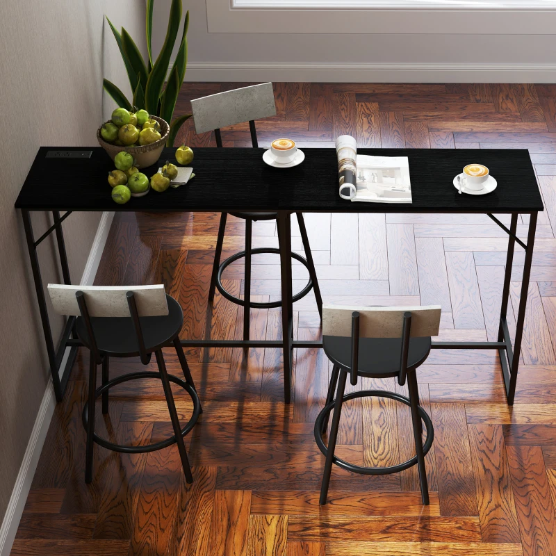 HOMCOM 70" Bar Table with Charging Station, Industrial Rectangular Bar Height Pub Table with Steel Frame, Black Wood Grain