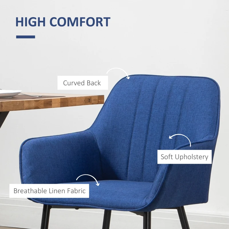 HOMCOM Dining Chairs Set of 2, Upholstered Linen Fabric Accent Chairs with Metal Legs, Dark Blue