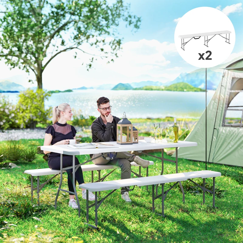 Outsunny 2 Pack 6 ft Portable Foldable Bench Seats, Plastic Folding Benches with Carrying Handle for Camping, White