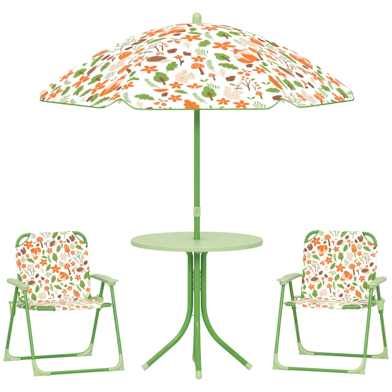 Qaba Kids Picnic Table and Chair Set, Outdoor Activity Table with Foldable Chairs, Removable Umbrella for Backyard, Green