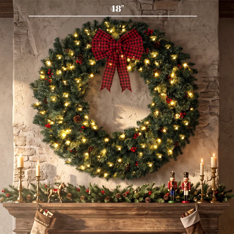 HOMCOM 48" Prelit Crestwood Spruce Artificial Christmas Wreath, Christmas Decor with Bow, 8 Modes, Red Berries, Pinecones