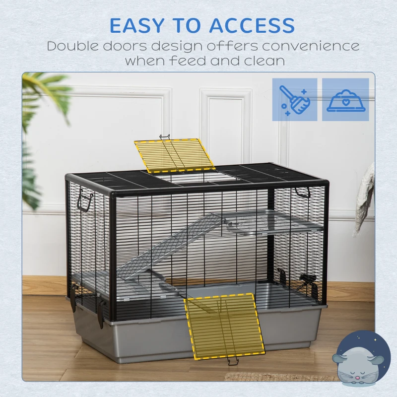 PawHut 3-tier Hamster Cage, Guinea Pig Cage with Accessories Food Dish Water Bottle, Ramps, 31.5"x19"x 23", Grey