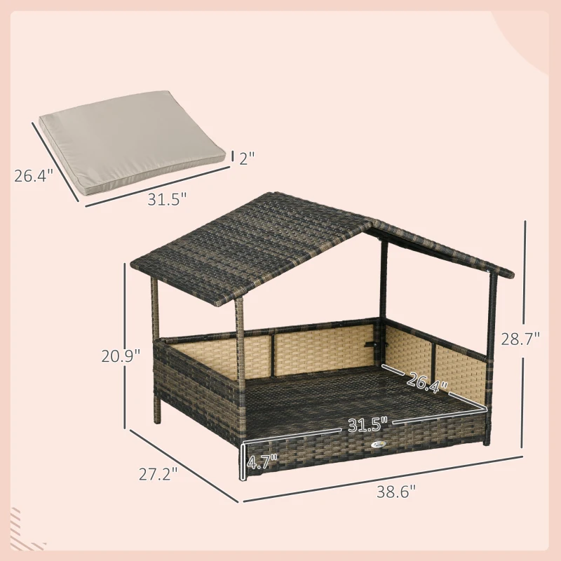PawHut Wicker Dog House with Removable Cushion Lounge, Khaki