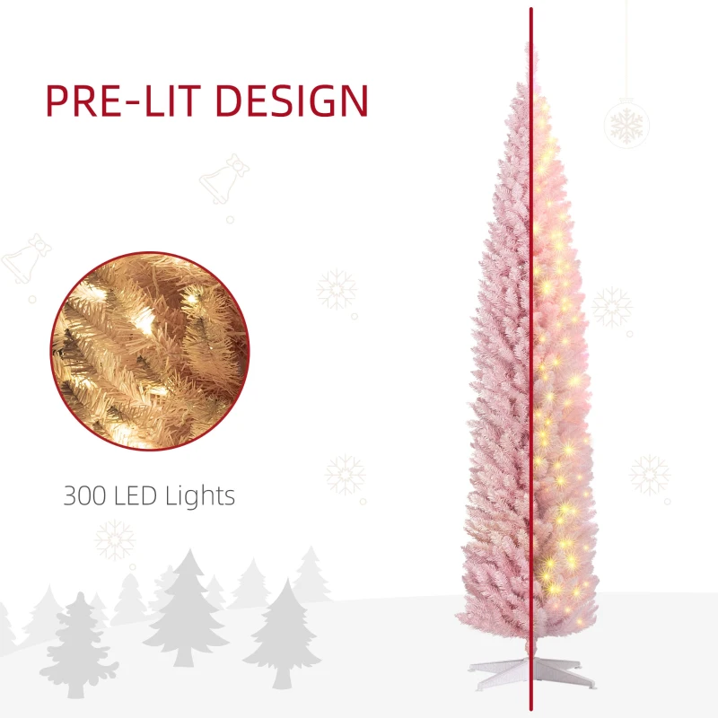 HOMCOM 8ft Pencil Christmas Tree, Slim Artificial Christmas Tree with Realistic Branches and Warm White LED Lights, Pink