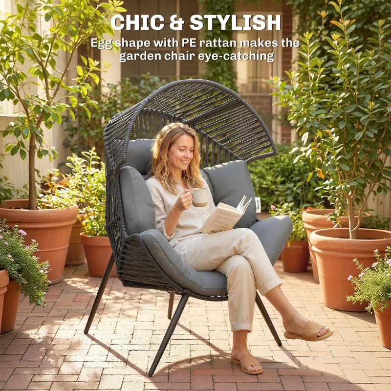 Outsunny Wicker Egg Chair, Indoor Outdoor Rattan Lounge Chair with Thick Cushion and Headrest, Steel Frame, Adjustable Pads, Grey