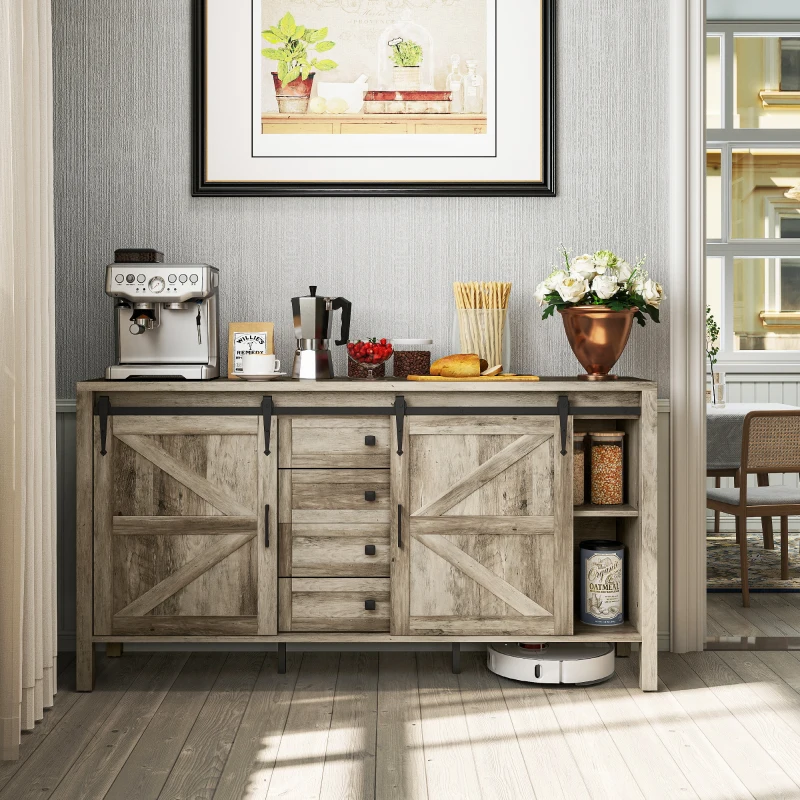 HOMCOM 59" Buffet Cabinet, Farmhouse Sideboard with Thick Top, 2 Barn Doors, 4 Drawers and 2 Adjustable Shelves, Gray Wash