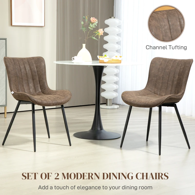 HOMCOM Dining Chairs Set of 2, PU Leather Upholstered Kitchen Chairs with Backrest and Steel Legs, Brown