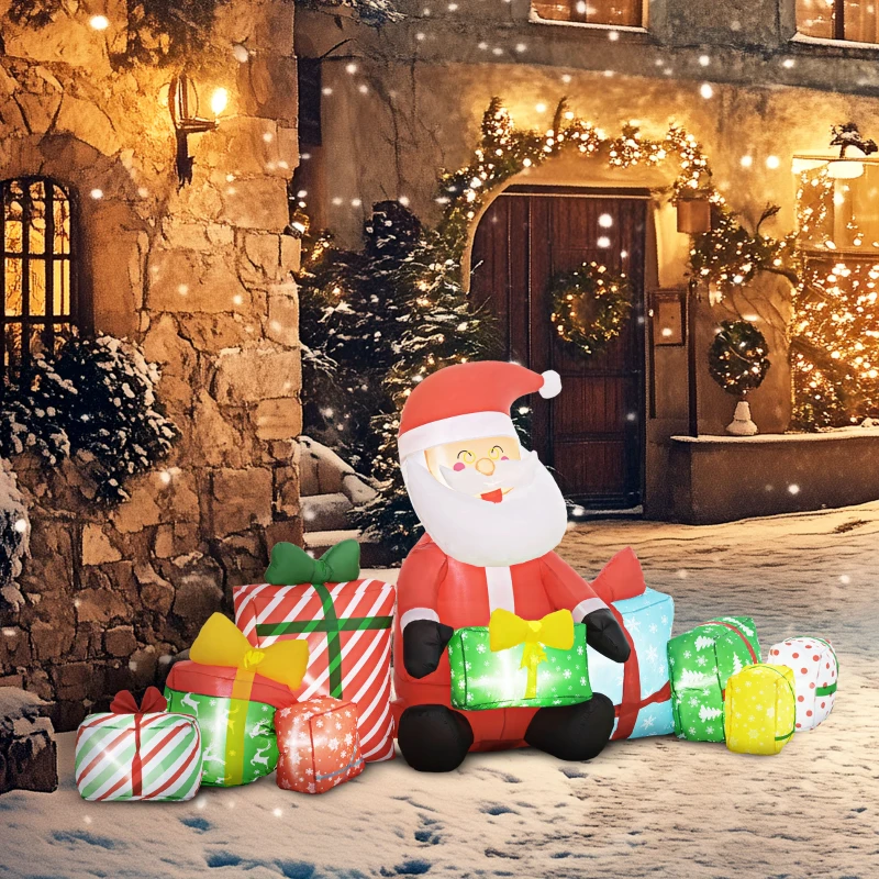 Outsunny 4.4' Inflatable Santa Claus and Gift Boxes w/ White LED Lights, Blow-Up Outdoor Display for Party