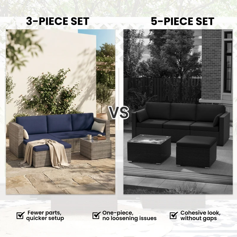 Outsunny 3pcs Modern Rattan Sofa Set, Wicker Patio Furniture Set with Coffee Table, Cushions, Pillows
